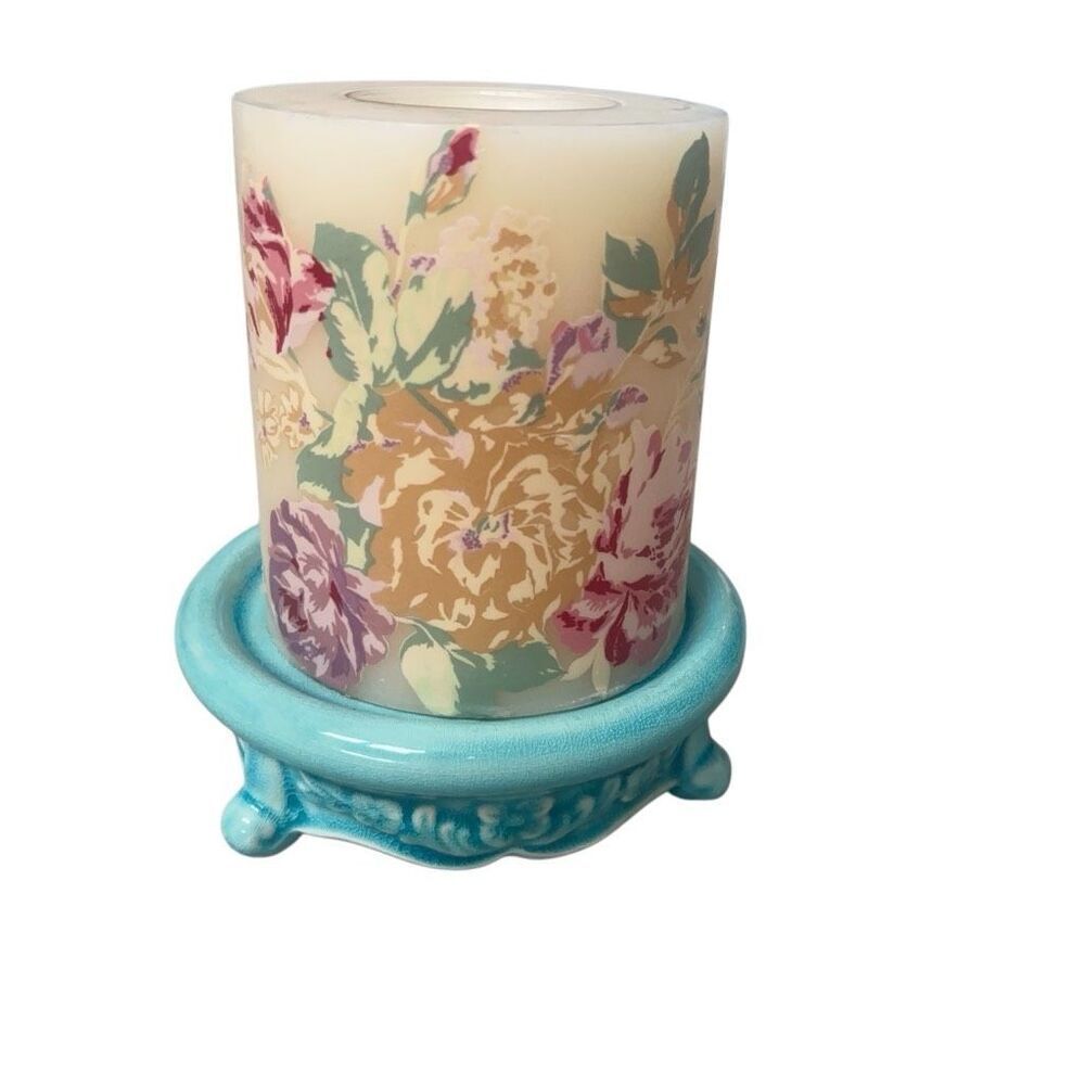 Floral Print Pillar Candle with Turquoise Ceramic Pedestal Stand option for led